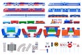 Train railway transportation vector illustration set, cartoon flat railroad travel transport collection isolated on