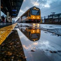 Train Reflection on a Rainy Station Platform Royalty Free Stock Photo