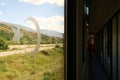 On the train ride in the Eastern Express, Dogu Ekspresi from Kars to Ankara, the interior of the train is visible, a passenger is