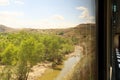 On the train ride in the Eastern Express, Dogu Ekspresi from Kars to Ankara, passing a river, the front of the train is visible,