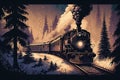 train rides in a forest area, vintage, retro style,Generative AI