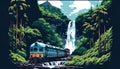 Train rides through the rainforest next to waterfall, illustration art. Generative AI