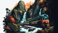 Train rides in tropical jungle near waterfall, watercolor or digital illustration. Generative AI