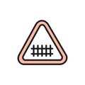 Train road attention sign, railroad tracks flat color line icon.