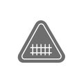 Train road attention sign, railroad tracks grey icon.