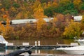 Train rolling next to Beaver River during autumn in Pennsylvania