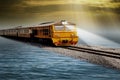 Train run on the float above the water, evening sky behind beautiful surroundings Royalty Free Stock Photo
