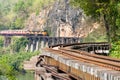 Train running on the death railway at Kanchanaburi, Thailand