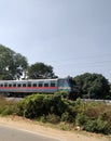 A train on railway track with greenary