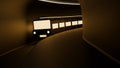 Train running in tunnel. Design. Animation of moving train with glowing headlights in dark tunnel. 3D glowing train Royalty Free Stock Photo