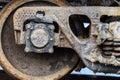 Train rusty wheels covered by salt of Baskunchak lake, Russia. It is stains on railroad carriage's surface . Close-up Royalty Free Stock Photo