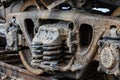 Train rusty wheels covered by salt of Baskunchak lake, Russia. It is stains on railroad carriage's surface . Close-up Royalty Free Stock Photo