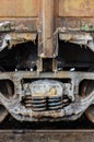 Train rusty wheels covered by salt of Baskunchak lake, Russia. It is stains on railroad carriage's surface . Close-up Royalty Free Stock Photo