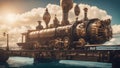 train in the sea steampunk train that travels through the sky and the sea on a floating and submersible railway.