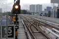 train signal at the end of the station. indicates that the train must stop or move Royalty Free Stock Photo