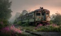A train is sitting on the tracks next to a field of flowers Royalty Free Stock Photo
