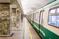 Train standing at station platform with doors closed in St Petersburg Metro in St Petersburg, Russia Royalty Free Stock Photo