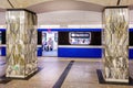 Train standing at station platform with doors closed in St Petersburg Metro in St Petersburg, Russia Royalty Free Stock Photo