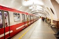 Train standing at station platform with doors closed in St Petersburg Metro in St Petersburg, Russia Royalty Free Stock Photo