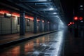 A train station bathed in red light during the evening hours, An empty subway station during midnight, AI Generated Royalty Free Stock Photo