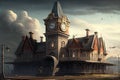 train station with clock tower, old-fashioned train rolling in Royalty Free Stock Photo