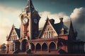 train station with clock tower, old-fashioned train rolling in Royalty Free Stock Photo