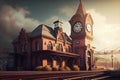 train station with clock tower, old-fashioned train rolling in Royalty Free Stock Photo