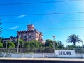 Train station estoril portugal with castle and palms