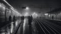 train in the station _A hectic train station that is jammed with people and railcars in a damp night.