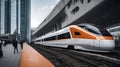 train in the station A high-speed train from China that arrives at a modern railway station. The train is white and orange Royalty Free Stock Photo
