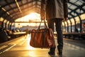 Train station hustle mans hand clutches suitcase, ready for departure