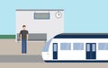 Train station. Man with bag, station and arriving train. Vector illustration Royalty Free Stock Photo