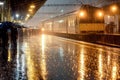 Train station platform in heavy rain, reflecting lights and movement, capturing urban life and motion Royalty Free Stock Photo