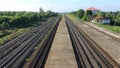 Train station see railway track line , platform, bird eye view