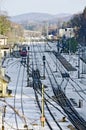 Train station with snow-covered track layout