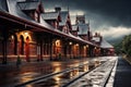 A train station surrounded by rain-soaked ground, showcasing the challenges of public transportation during wet weather, An old Royalty Free Stock Photo