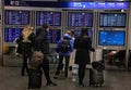 Train station terminal in Brussels Midi Station, passengers and travelers gather affront of info screen Royalty Free Stock Photo