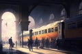 train station, with train and passengers ready to depart, in bustling city Royalty Free Stock Photo