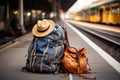At the train station, a traveler\'s gear includes backpack, hat, map, and more