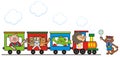 Train with three wagons with animals, pig, cats, frog, leo, dispatcher, vector design