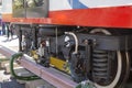 Train stop gear with steam locomotive detail, cranks, wheels and braking system with energy transmission. Royalty Free Stock Photo