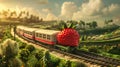 A train with a strawberry on the side of it going down tracks, AI Royalty Free Stock Photo