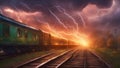 train at sunset, lightning striking the railway tracks