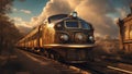 train at sunset, steampunk train Hyperrealistic,