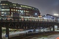 Train system in Hamburg by night with station Baumwall