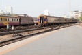 Train to depart from station, Railroad track. Royalty Free Stock Photo