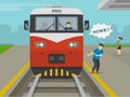 Train is about to hit young inattentive man on platform. Train driver honks to silly male character at railroad station. Royalty Free Stock Photo