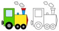 Train toy colorful and black and white. Coloring book page for children. Locomotive colored and outline vector illustration