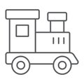 Train toy thin line icon, child and railroad, locomotive sign, vector graphics, a linear pattern on a white background.