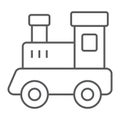 Train toy thin line icon, child and railroad, locomotive sign, vector graphics, a linear pattern on a white background